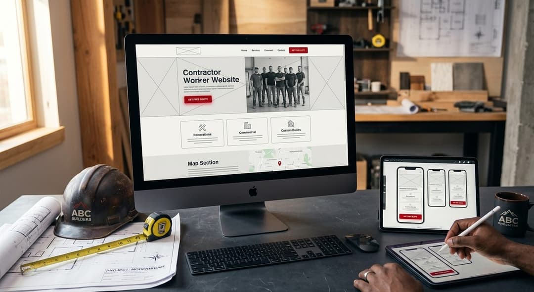 Contractor website design on desktop and tablet with mobile responsive mockups and construction blueprints